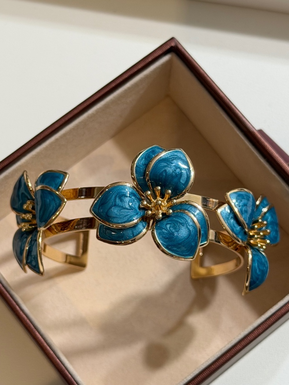 Vintage Golden Blue Flower Enamel Adjustable Open Bangle Bracelet